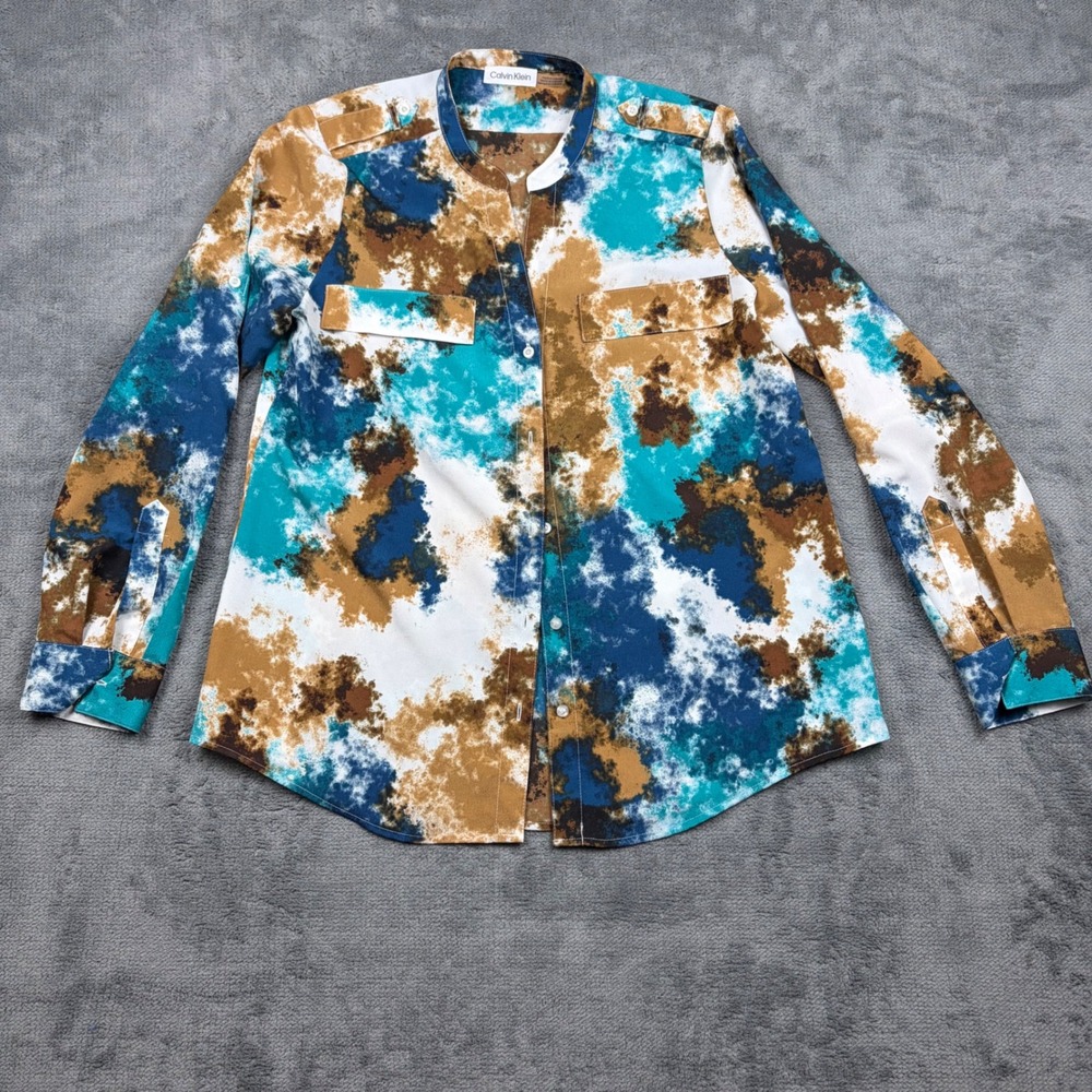Calvin Klein Abstract Print Button Down Blouse Teal Brown Mandarin Collar Medium